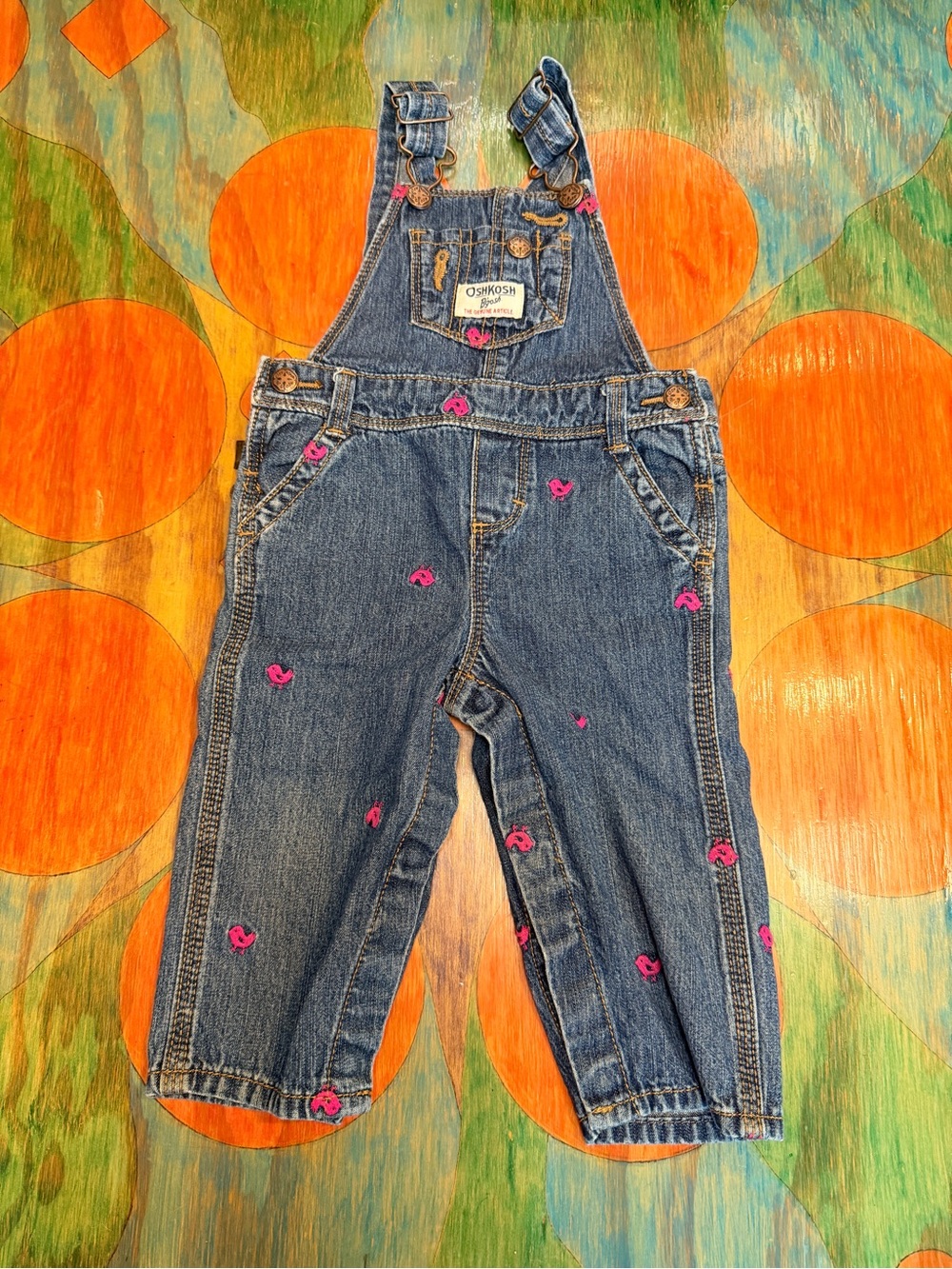 OshKosh B'gosh Girls Denim Jean Bib Overalls Blue Pink Chicks Print 9 Months Adj